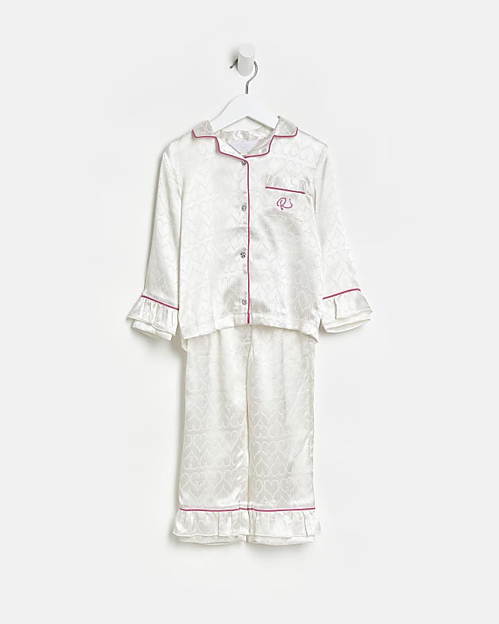 Mini Girls White Heart Satin Pyjamas