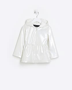 Mini girls white iridescent rain jacket