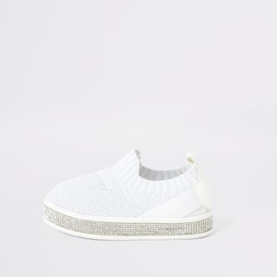 white knitted slip on trainers