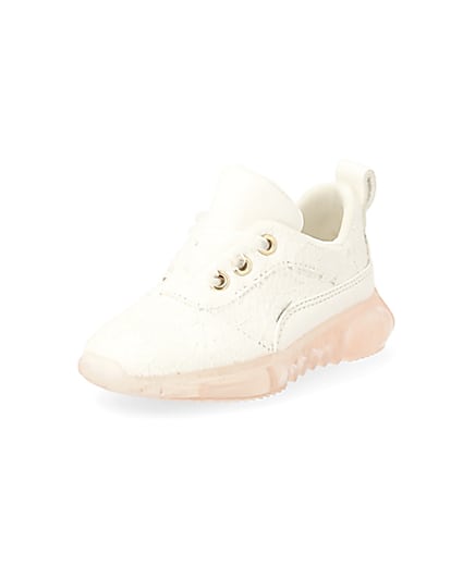 360 degree animation of product Mini girls white lace contrast sole trainers frame-0