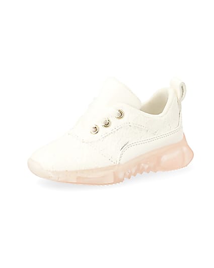 360 degree animation of product Mini girls white lace contrast sole trainers frame-1