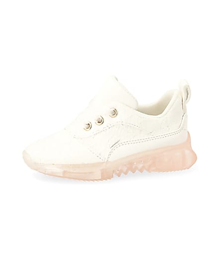 360 degree animation of product Mini girls white lace contrast sole trainers frame-2