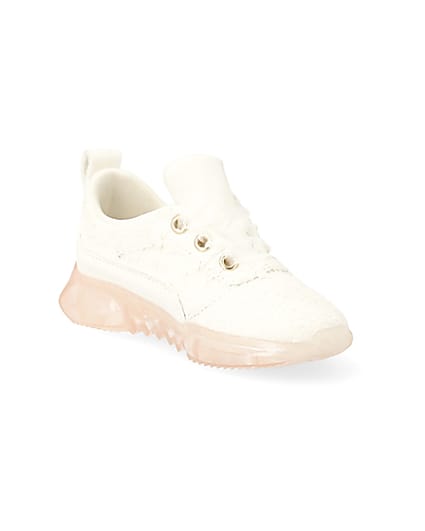 360 degree animation of product Mini girls white lace contrast sole trainers frame-18