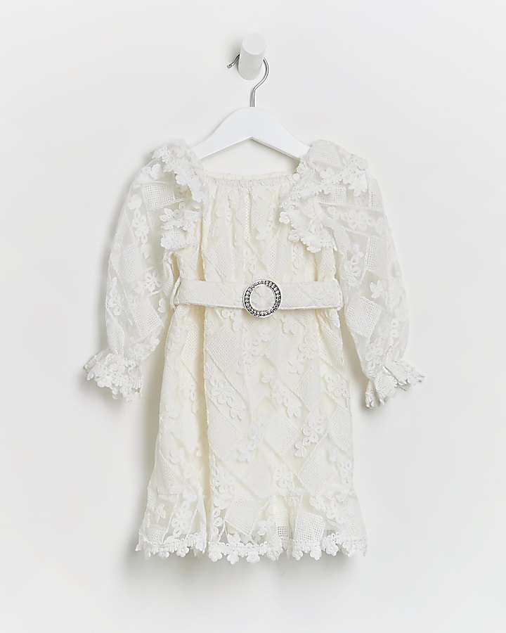 Mini girls white lace frill belted dress