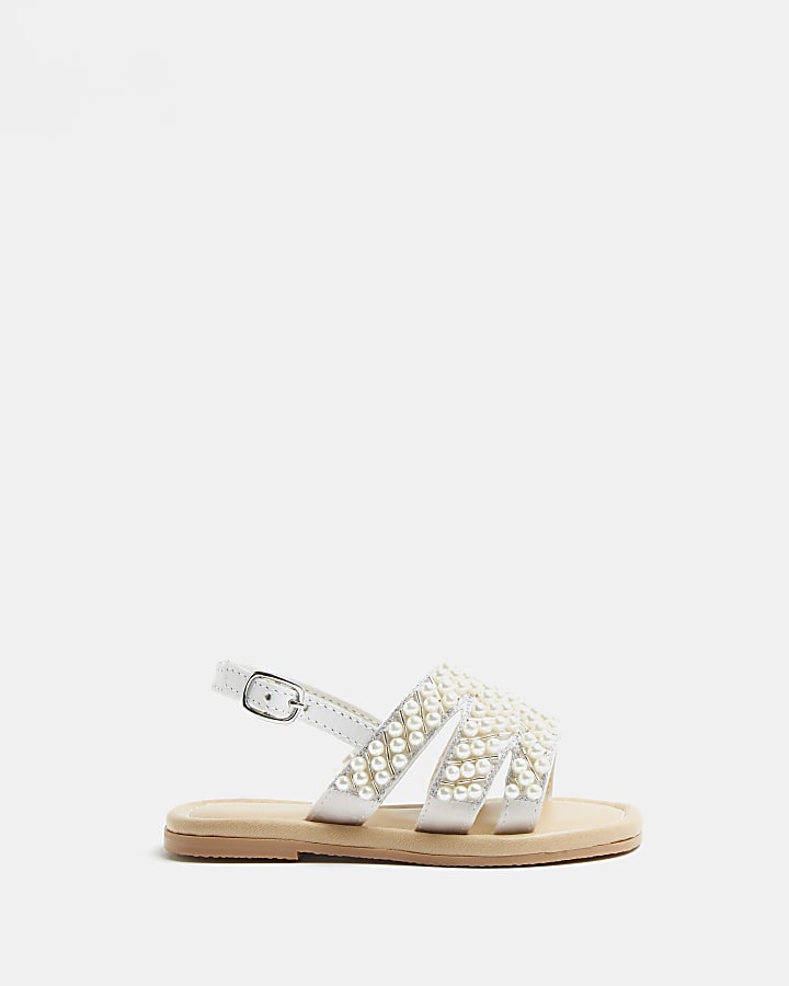 Mini girls white leather pearl sandals