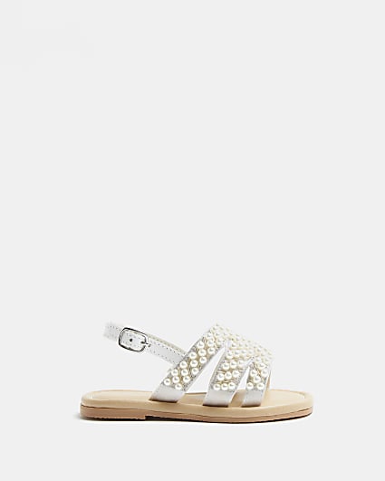 Mini girls white leather pearl sandals