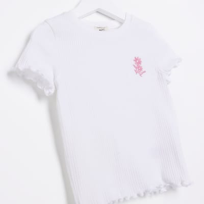 Mini Girls White Lettuce Hem T-shirt