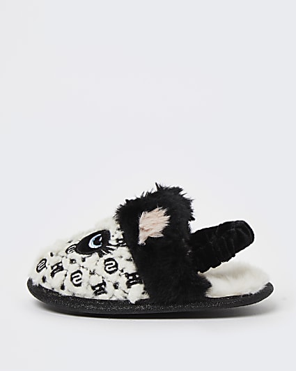 Mini girls white panda faux fur slippers