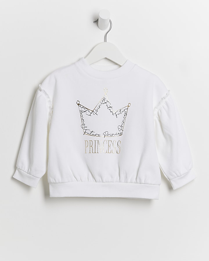 Mini girls white princess print sweatshirt