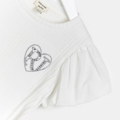 Mini girls white puff sleeve ribbed dress