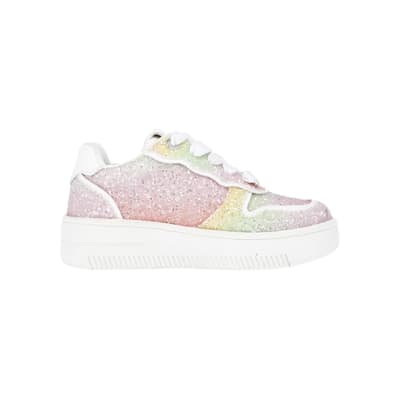 Mini girls White Rainbow Glitter Trainers | River Island