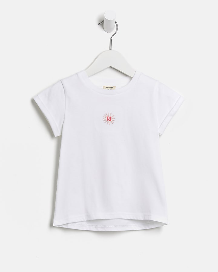 Mini girls white RI daisy embroidered t-shirt
