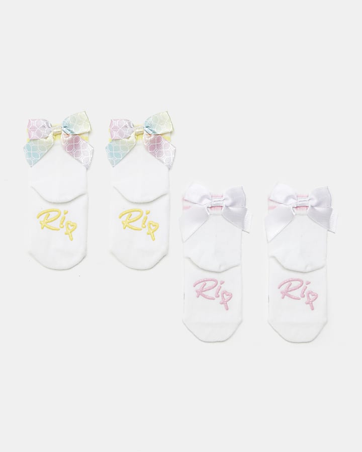 Mini girls white RI rainbow bow socks 2 pack