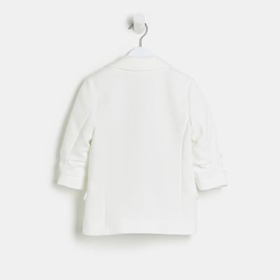 Mini Girls white ruched sleeve blazer