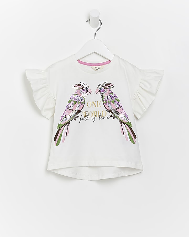 Mini girls white sequin bird graphic t-shirt