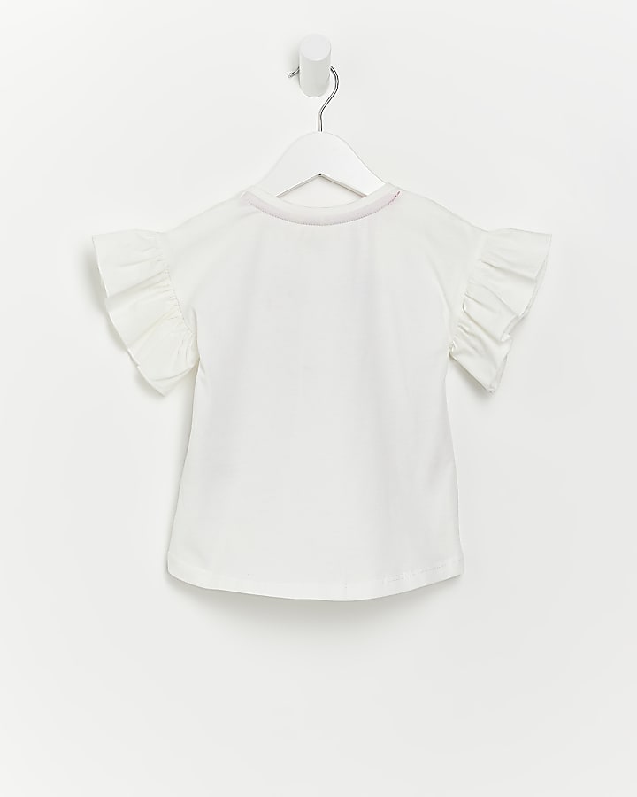 Mini girls white sequin bird graphic t-shirt