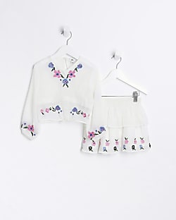 Mini girls white sheer embroidered beach set