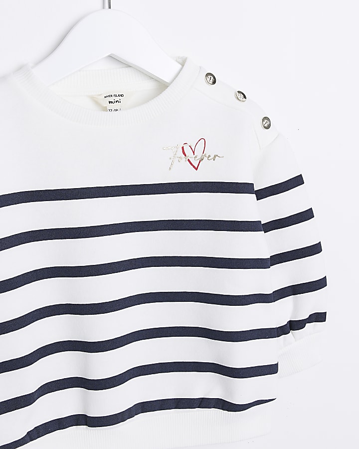Mini Girls White Striped Button Sweatshirt