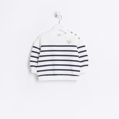 Mini girls white striped button sweatshirt