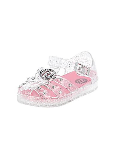 360 degree animation of product Mini girls white studded caged jelly sandals frame-0