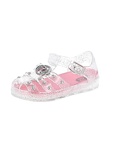 360 degree animation of product Mini girls white studded caged jelly sandals frame-1