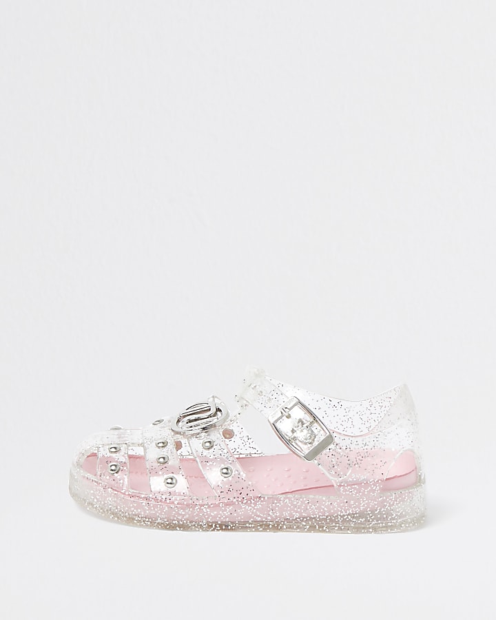 Mini girls white studded caged jelly sandals