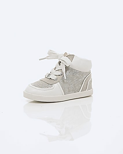 360 degree animation of product Mini girls white textured hi top trainers frame-0