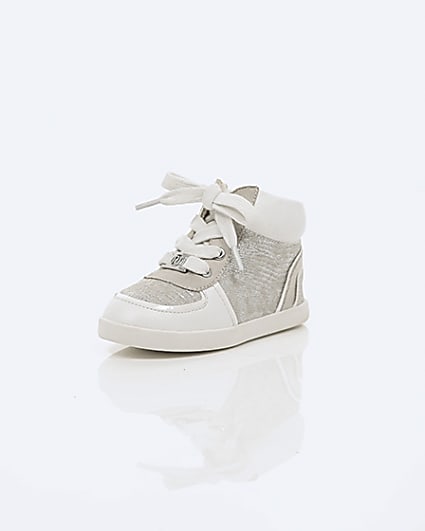 360 degree animation of product Mini girls white textured hi top trainers frame-1