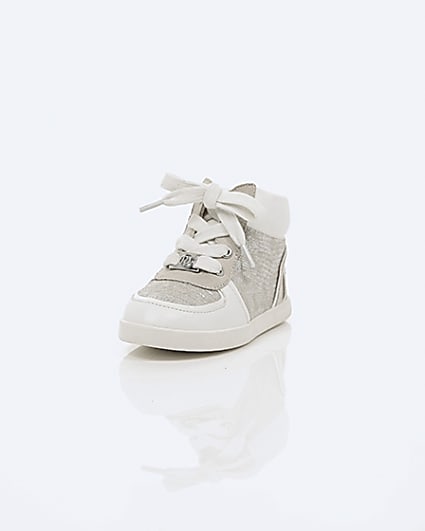 360 degree animation of product Mini girls white textured hi top trainers frame-2