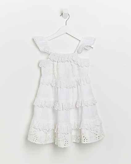 Mini girls white tiered broderie maxi dress