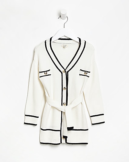Mini Girls White Tipped Belted Cardigan