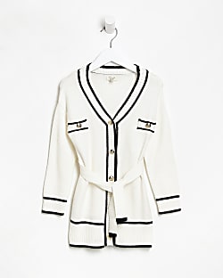 Mini Girls White Tipped Belted Cardigan