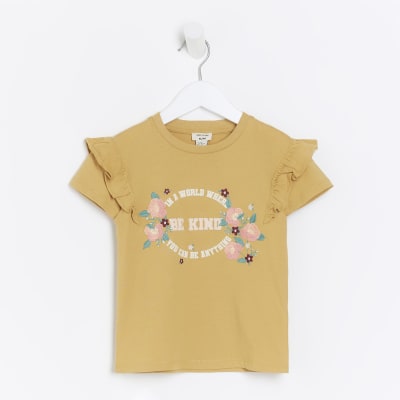 Mini girls yellow Be Kind frill t-shirt