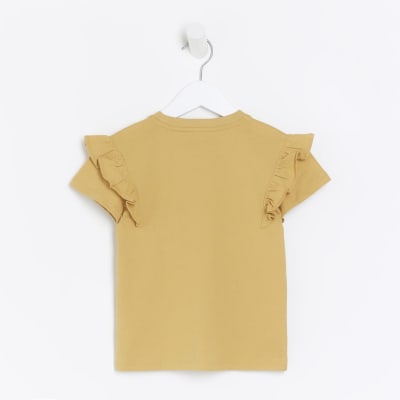 Mini girls yellow Be Kind frill t-shirt | River Island