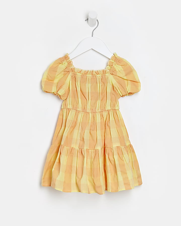Mini girls yellow check puff sleeve dress