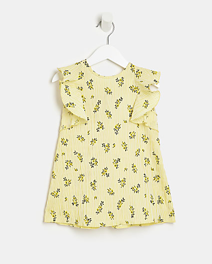 Mini girls yellow floral bow back frill dress