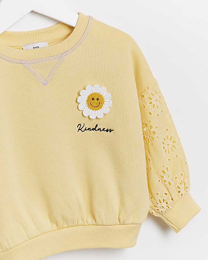 Mini girls yellow floral broderie sweatshirt