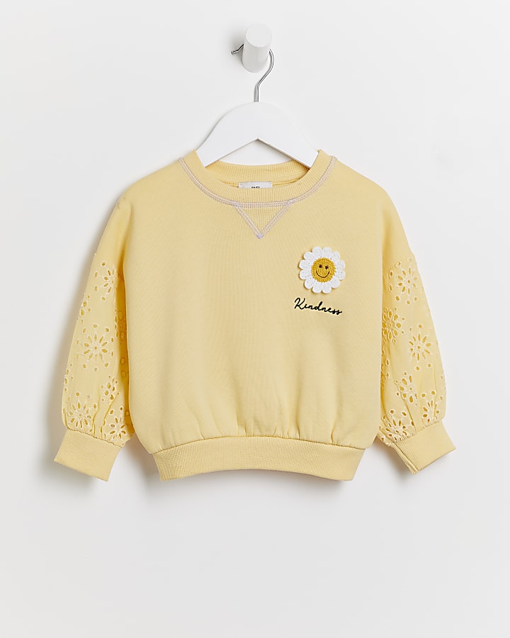 Mini girls yellow floral broderie sweatshirt