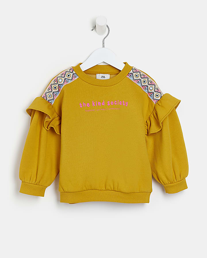 Mini girls yellow frill sleeve sweatshirt