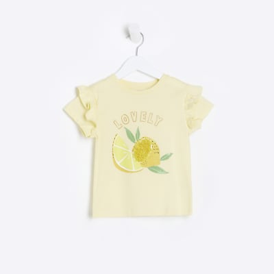 Mini girls yellow lemon graphic frill t-shirt