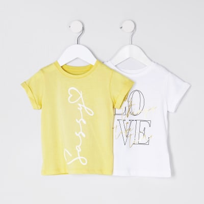 mini girls yellow 'Sassy' 2 pack t-shirts | River Island