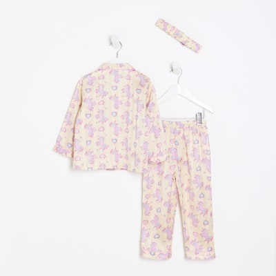 Mini girls Yellow Unicorn Print Satin Pyjamas