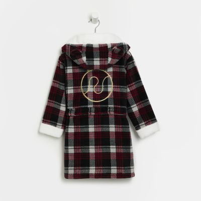 Mini Red Check Cosy Hooded Dressing Gown River Island