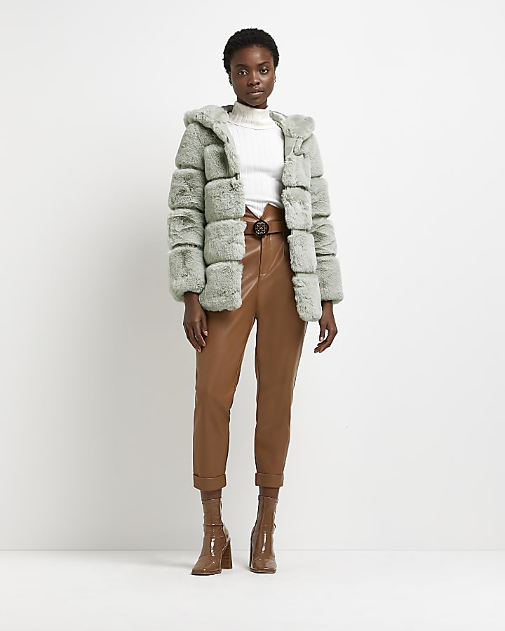 Mint faux fur paneled hooded coat