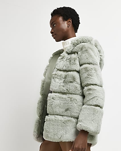 Mint faux fur paneled hooded coat