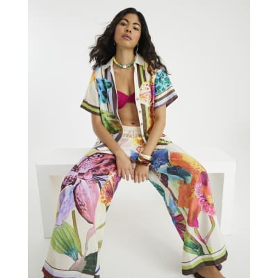 Multi Colour Tropical Wide Leg Beach Trousers