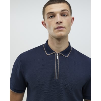 Navy  Slim Fit Textured Zip Neck Polo Shirt
