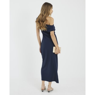 Navy Asymmetrical Drape Wrap Midi Dress | River Island