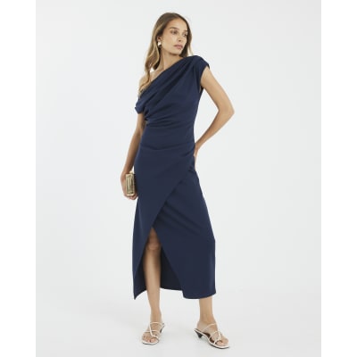 Navy Asymmetrical Drape Wrap Midi Dress