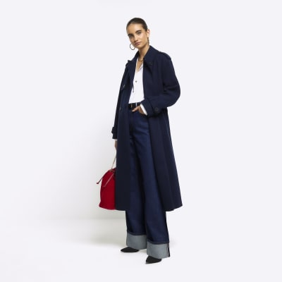 Navy belted longline trench coat River Island